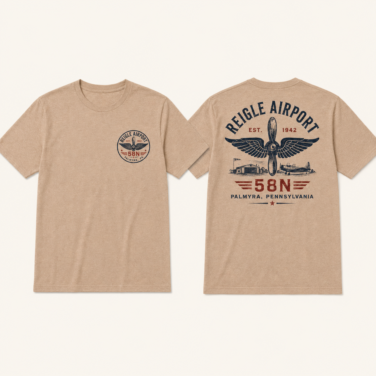 Tan Reigle Airport heritage T-shirt shown from the front and back