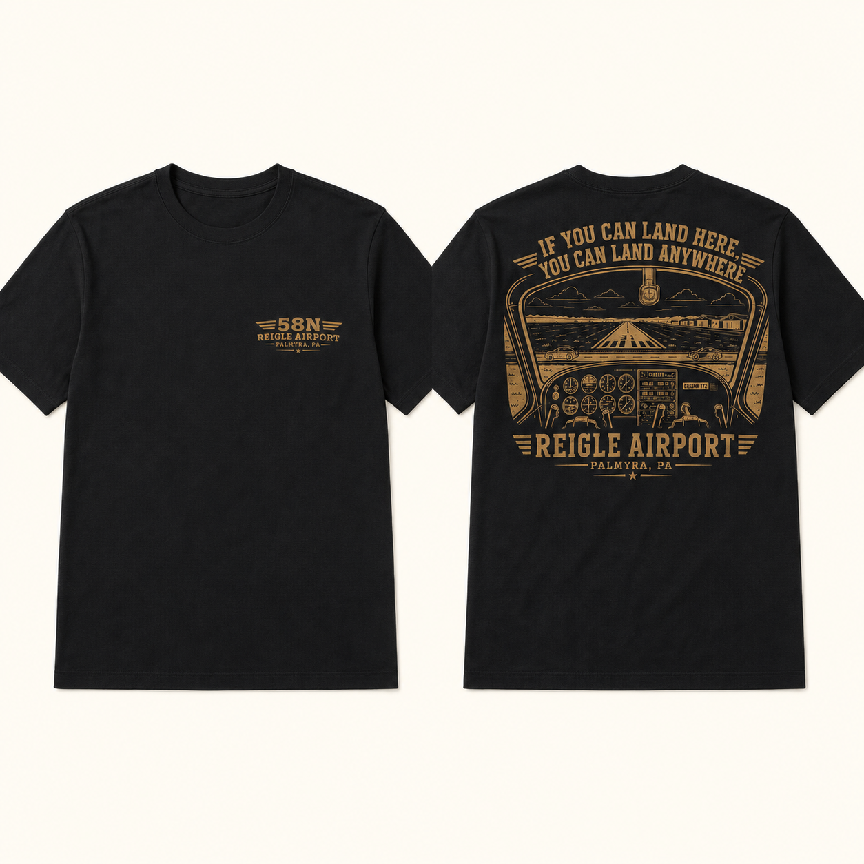Front and back of the black Reigle Airport T-shirt with the If You Can Land Here, You Can Land Anywhere design