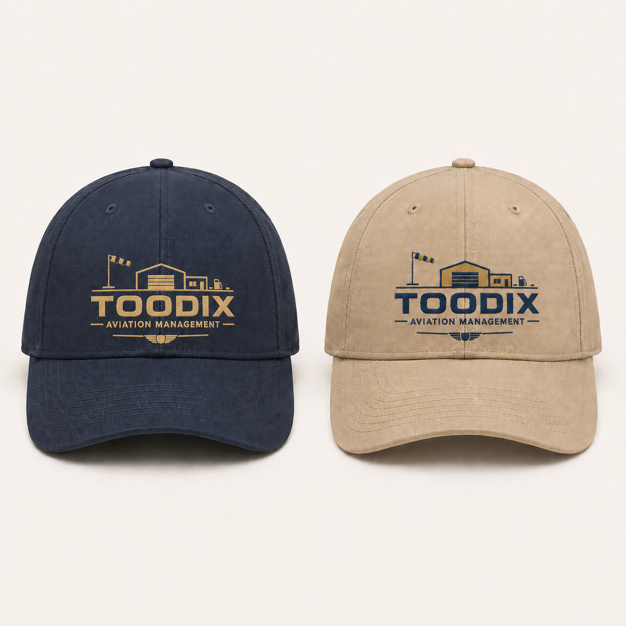TOODIX Aviation Management embroidered caps shown together in aviation blue and tan
